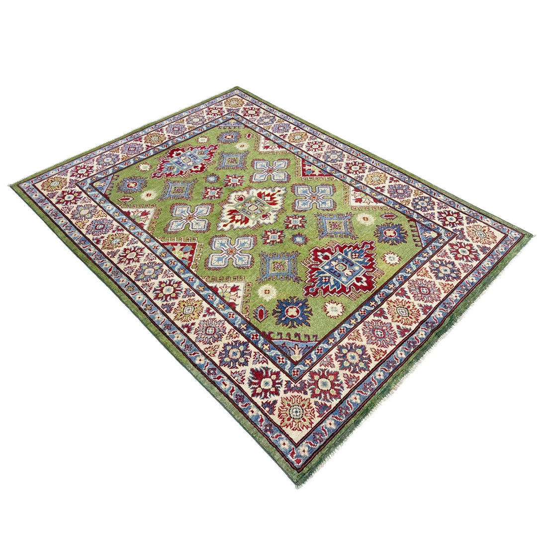 Green Afghan Kazak Rug 5' 0" x 6' 9" Hand-Knotted | No. AL12279