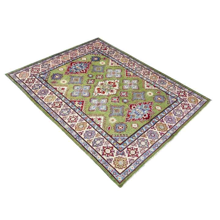 Green Afghan Kazak Rug 5' 0" x 6' 9" Hand-Knotted | No. AL12279