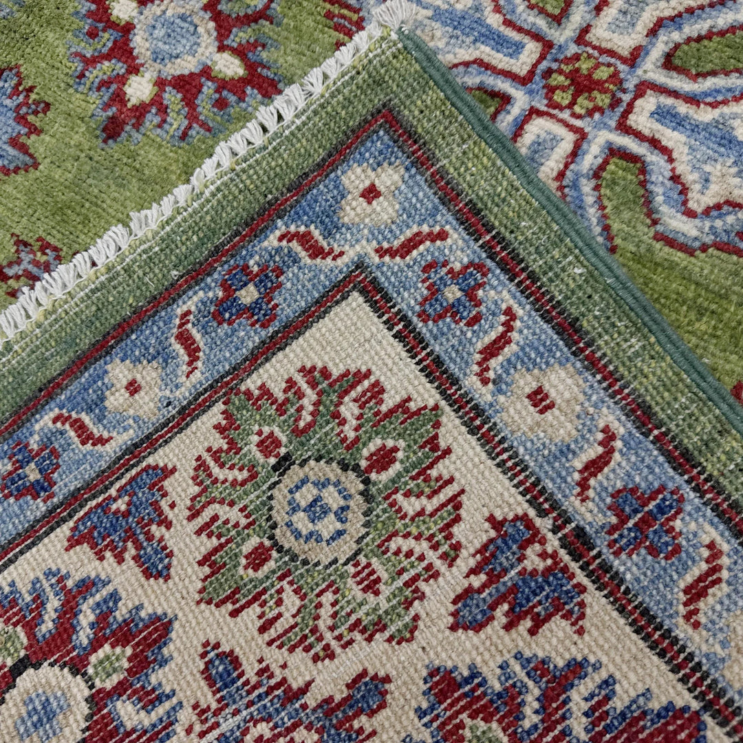 Green Afghan Kazak Rug 5' 0" x 6' 9" Hand-Knotted | No. AL12279