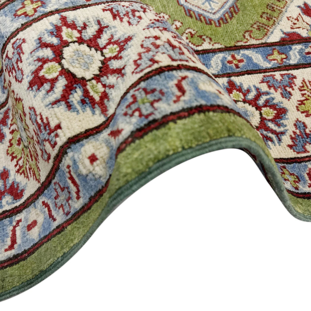 Green Afghan Kazak Rug 5' 0" x 6' 9" Hand-Knotted | No. AL12279
