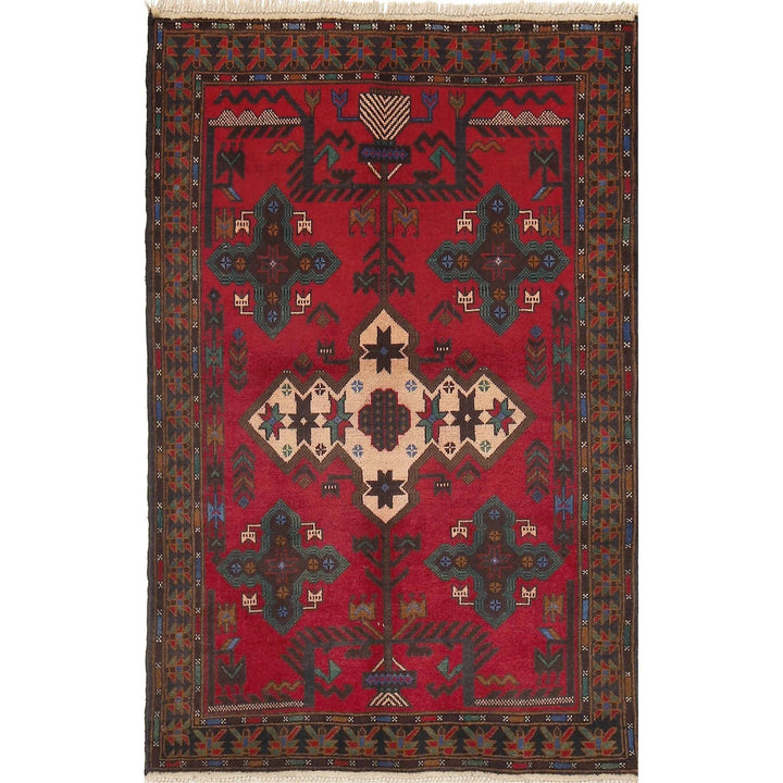 Red Afghan Baluchi Rug 2' 11" x 4' 7" Hand-Knotted | No. AL12448