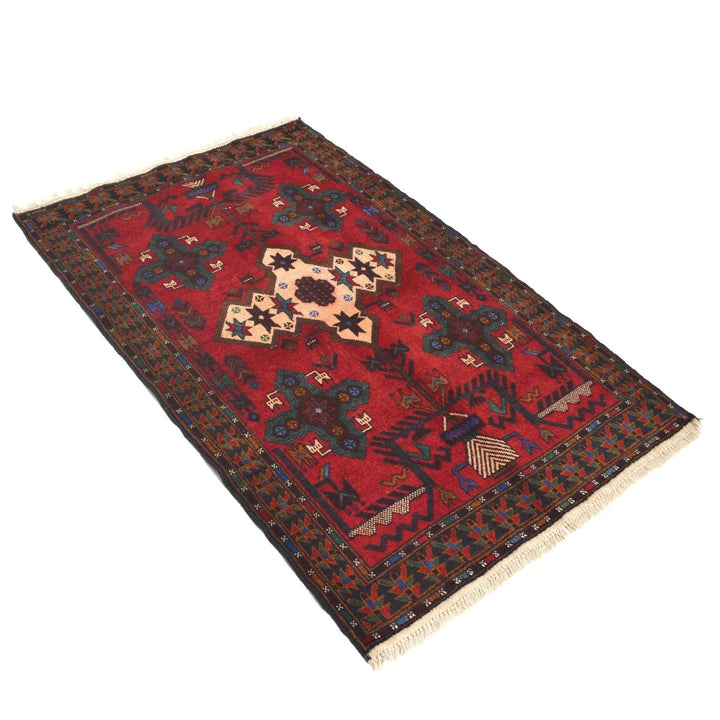 Red Afghan Baluchi Rug 2' 11" x 4' 7" Hand-Knotted | No. AL12448
