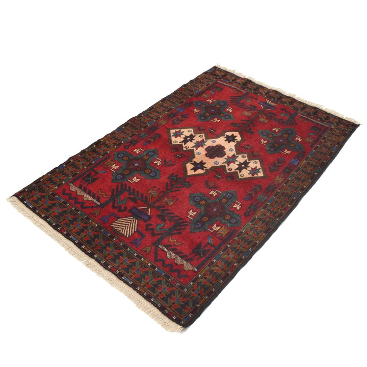 Red Afghan Baluchi Rug 2' 11" x 4' 7" Hand-Knotted | No. AL12448