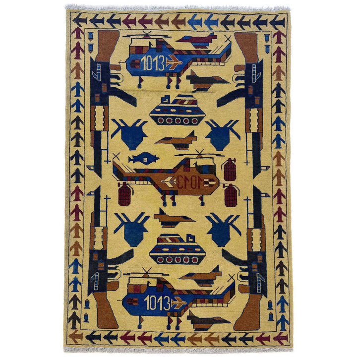 Yellow Afghan War Rug 3' 10" x 5' 10" Hand-Knotted | No. AL12585