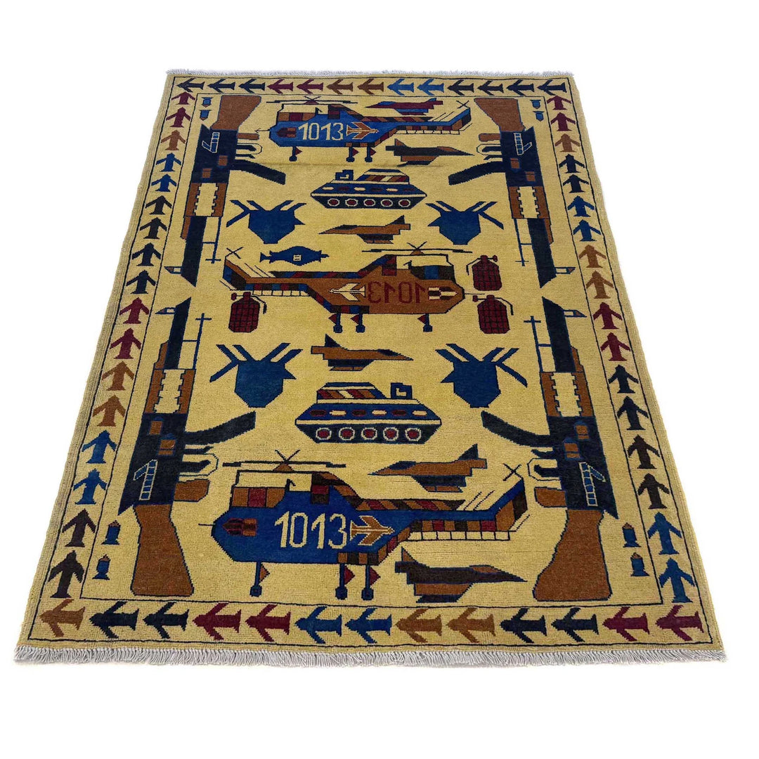 Yellow Afghan War Rug 3' 10" x 5' 10" Hand-Knotted | No. AL12585