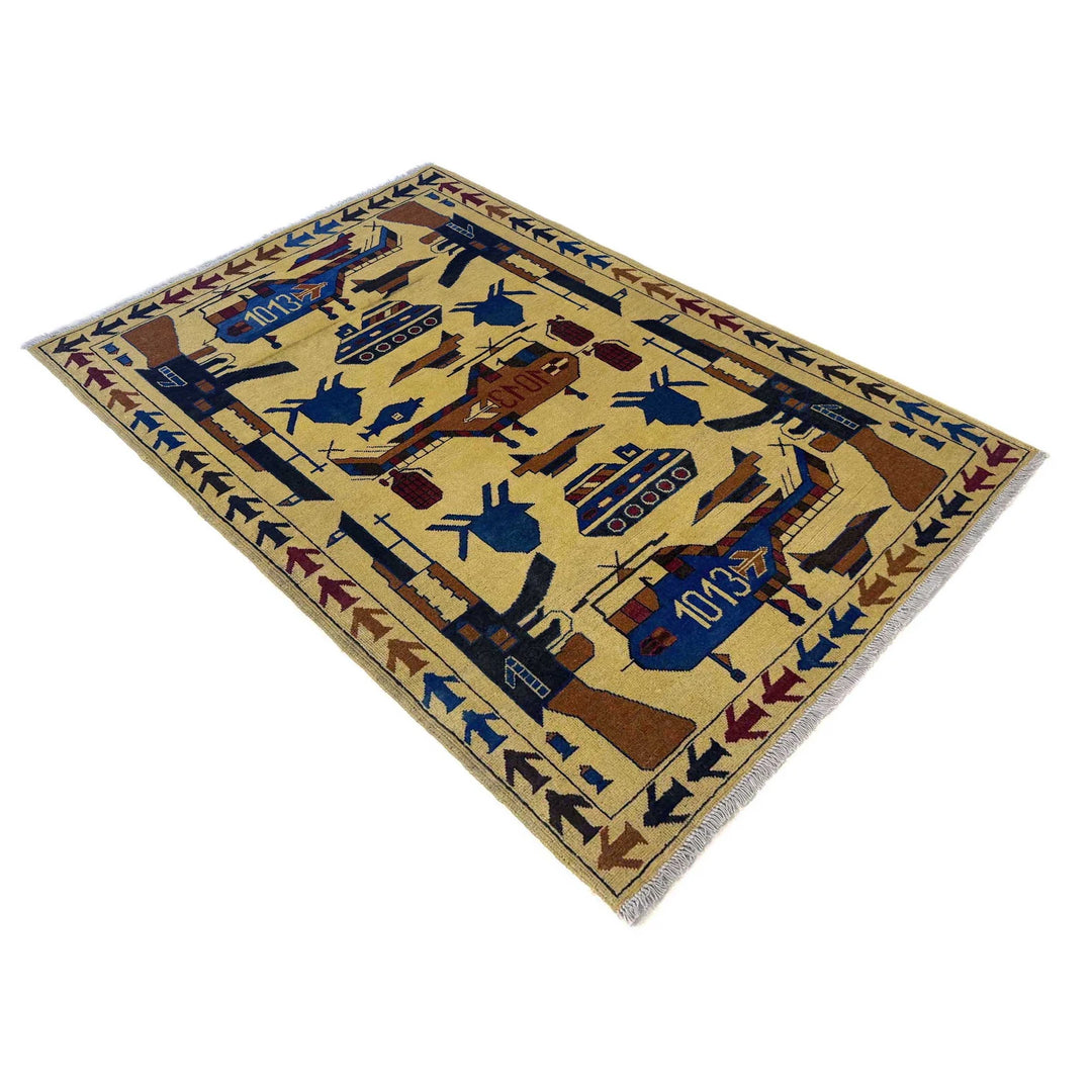 Yellow Afghan War Rug 3' 10" x 5' 10" Hand-Knotted | No. AL12585