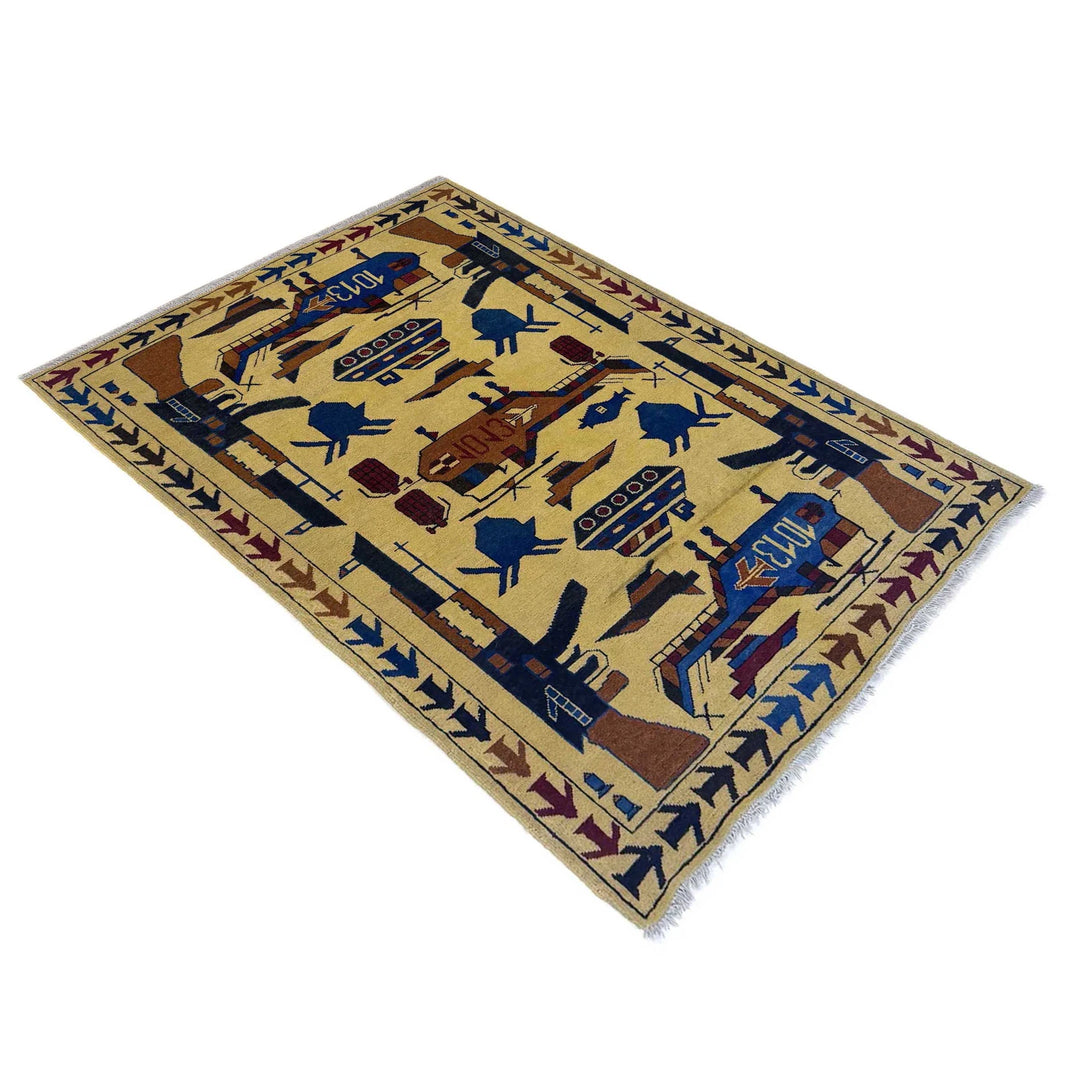 Yellow Afghan War Rug 3' 10" x 5' 10" Hand-Knotted | No. AL12585