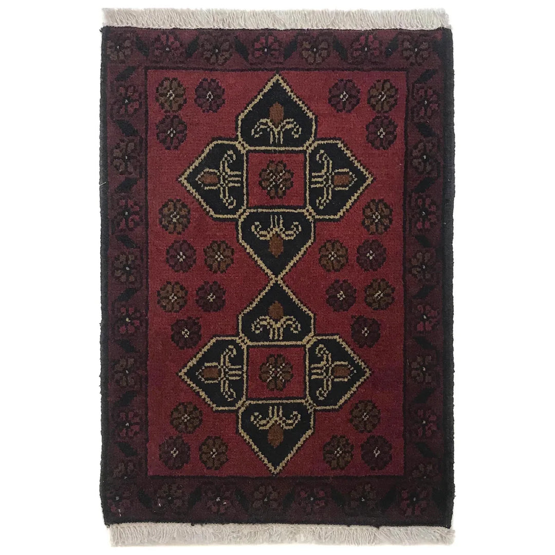 Red Afghan Doormat Rug 1' 4" x 2' 0" Hand-Knotted | No. AL12634