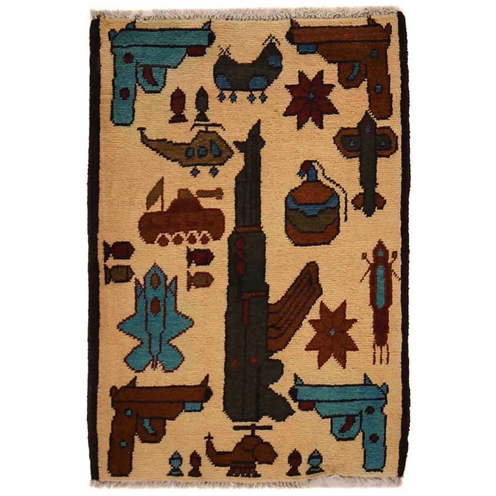 Beige Afghan War Rug 1' 11" x 2' 9" Hand-Knotted | No. AL12725