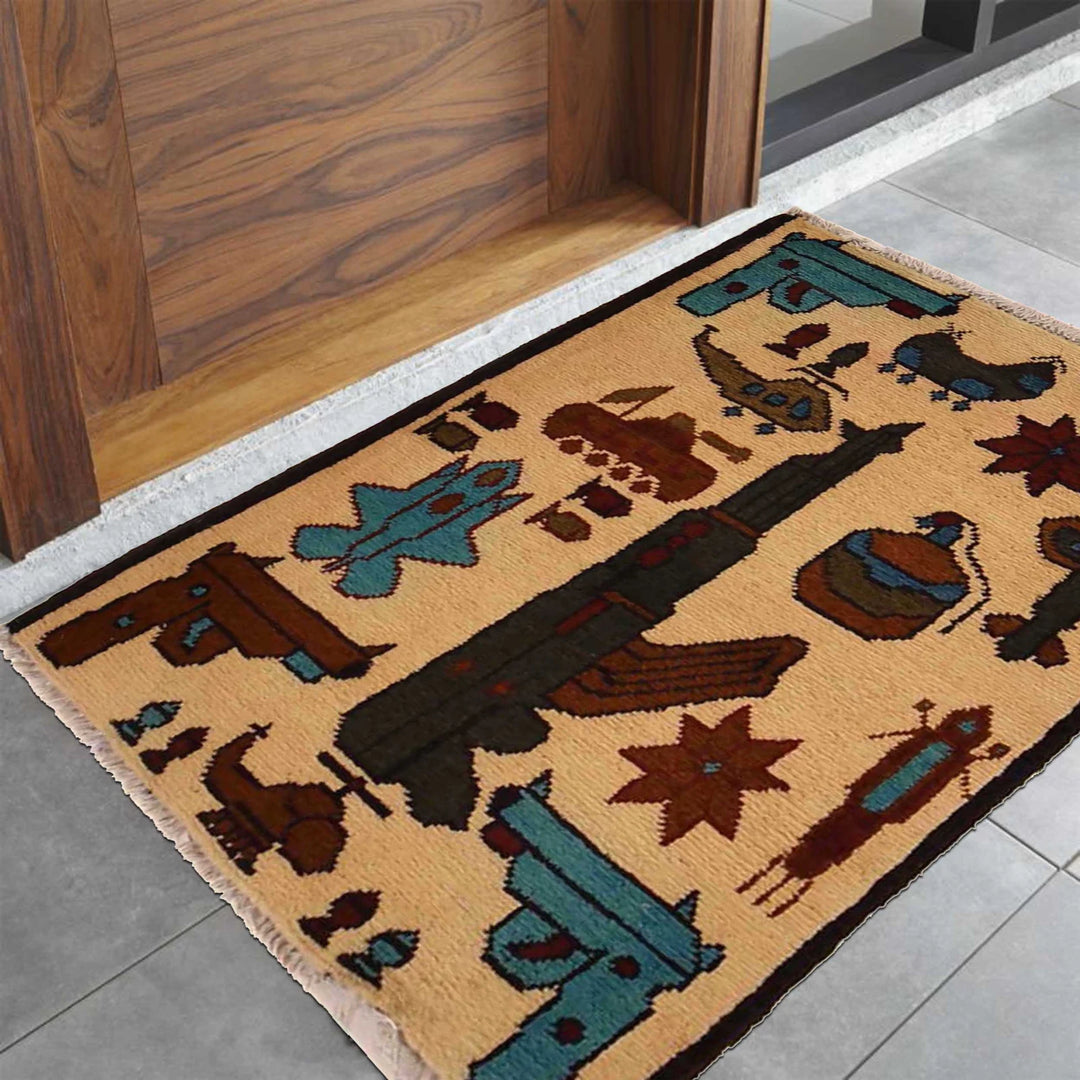 Beige Afghan War Rug 1' 11" x 2' 9" Hand-Knotted | No. AL12725