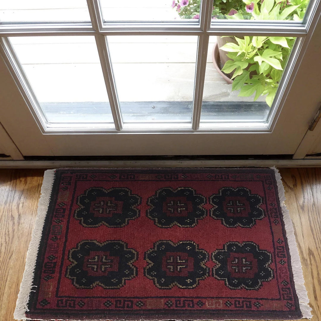 Red Afghan Oriental Rug 1' 3" x 1' 10" Hand-Knotted | No. AL13041