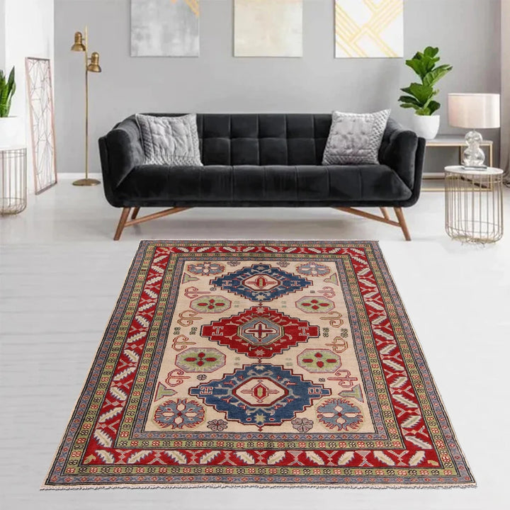 Ivory Afghan Kazak Rug 5' 0" x 6' 4" Hand-Knotted | No. AL13165