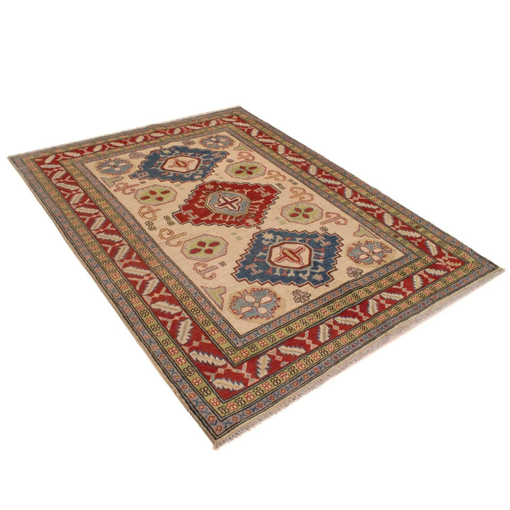 Ivory Afghan Kazak Rug 5' 0" x 6' 4" Hand-Knotted | No. AL13165