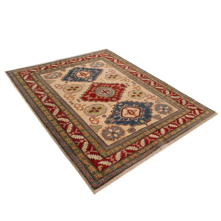 Ivory Afghan Kazak Rug 5' 0" x 6' 4" Hand-Knotted | No. AL13165