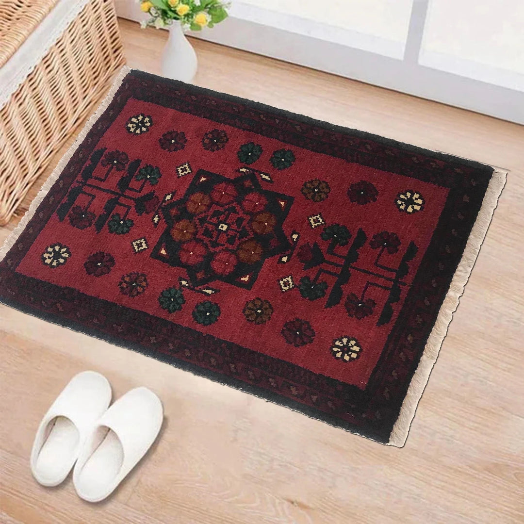 Red Afghan Oriental Doormat 1' 5" x 1' 11" Hand-Knotted | No. AL13184