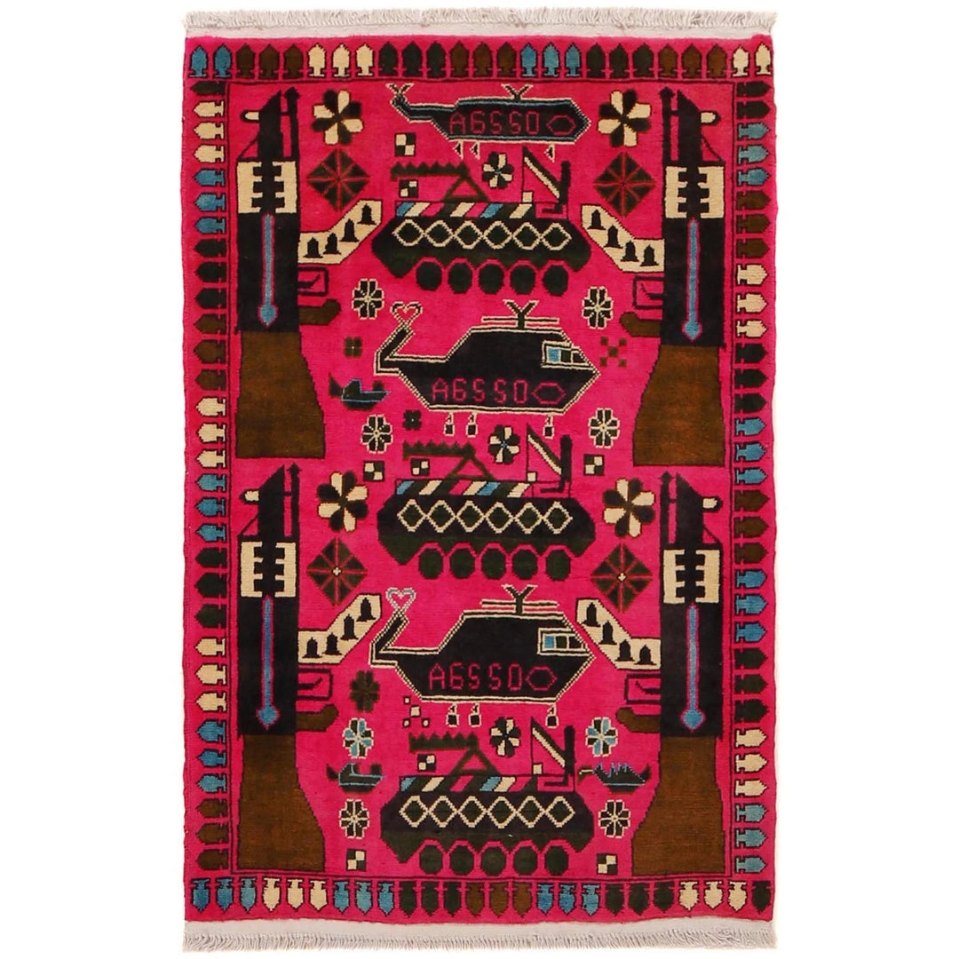 Pink Afghan War Carpet 2' 8" x 4' 4" Hand-Knotted | No. AL13280