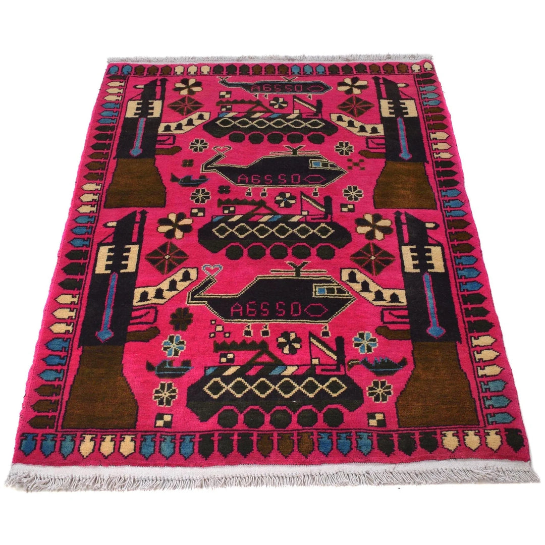 Pink Afghan War Carpet 2' 8" x 4' 4" Hand-Knotted | No. AL13280