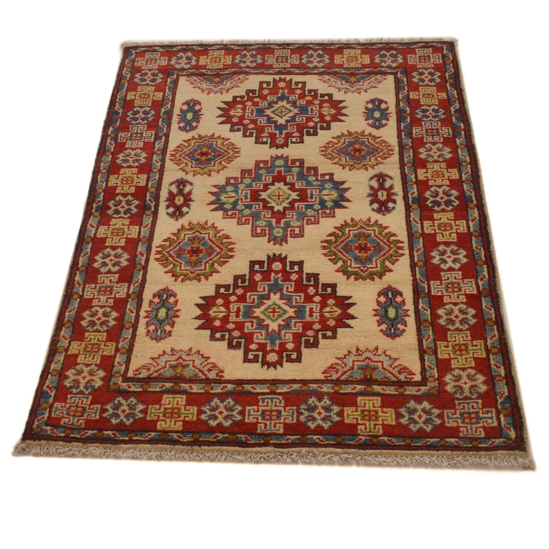 Beige Afghan Kazak Rug 2' 7" x 3' 11" Hand-Knotted | No. AL13425