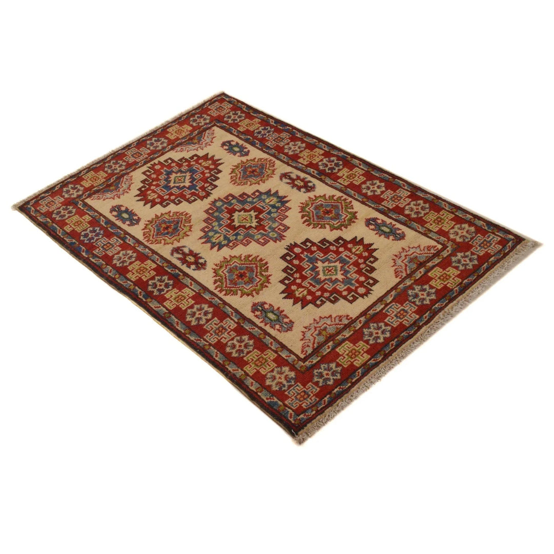 Beige Afghan Kazak Rug 2' 7" x 3' 11" Hand-Knotted | No. AL13425