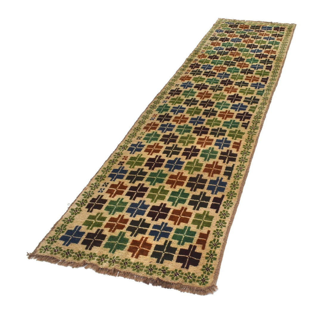 Beige Afghan Baluchi Rug 2' 4" x 9' 4" Hand-Knotted | No. AL13519