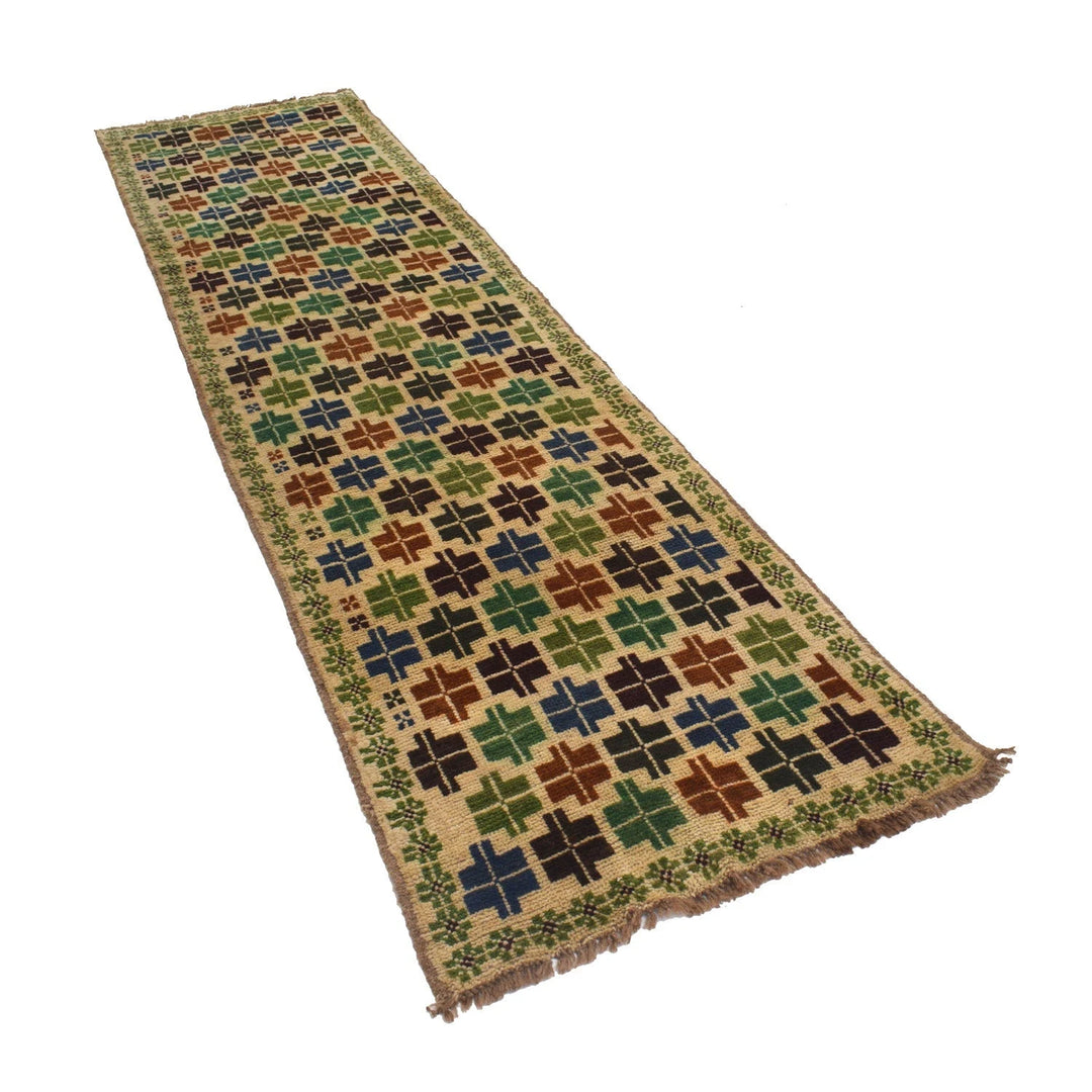 Beige Afghan Baluchi Rug 2' 4" x 9' 4" Hand-Knotted | No. AL13519