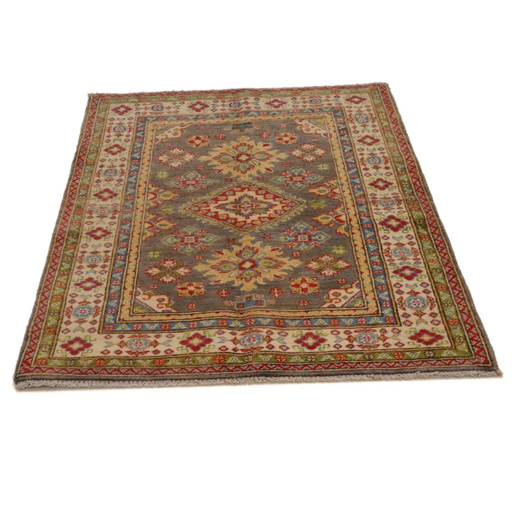 Grey Afghan Kazak Rug 3' 3" x 4' 9" Hand-Knotted | No. AL13653