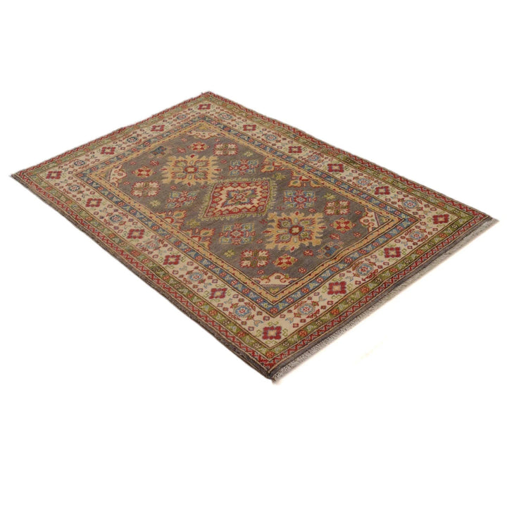 Grey Afghan Kazak Rug 3' 3" x 4' 9" Hand-Knotted | No. AL13653