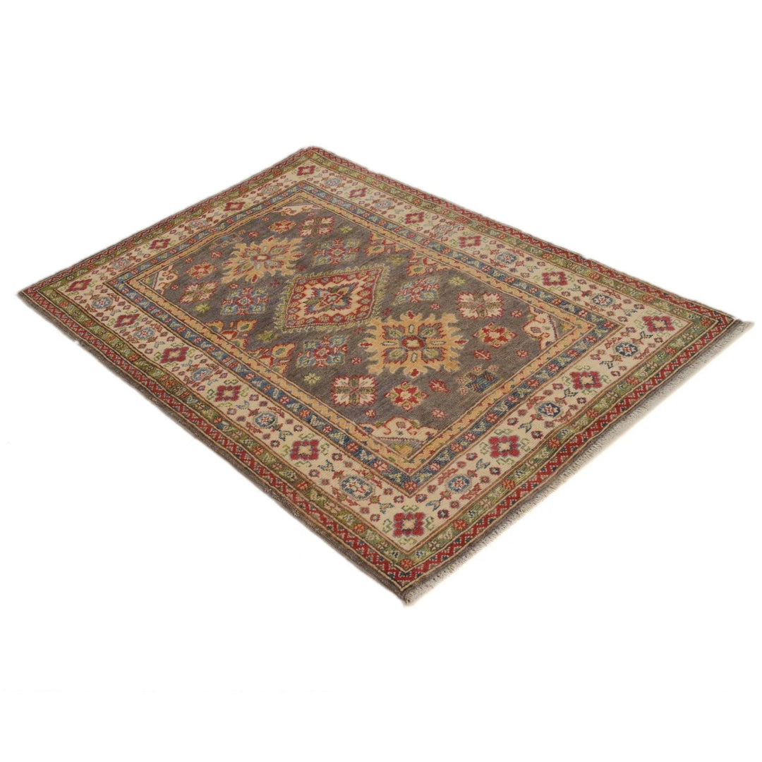 Grey Afghan Kazak Rug 3' 3" x 4' 9" Hand-Knotted | No. AL13653