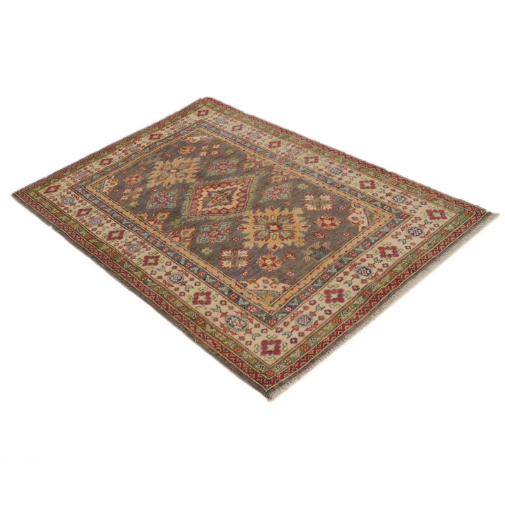 Grey Afghan Kazak Rug 3' 3" x 4' 9" Hand-Knotted | No. AL13653