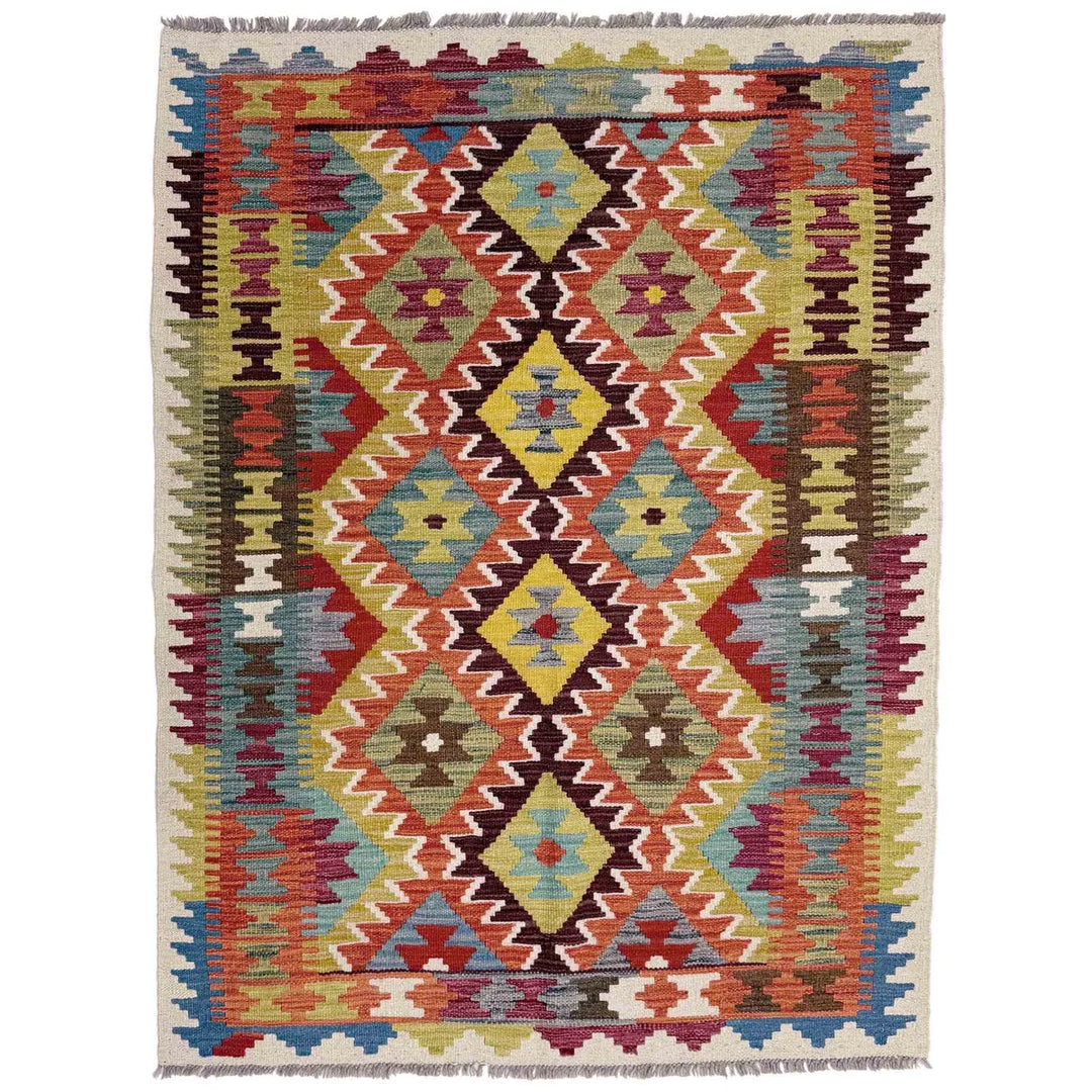Afghan Vegetable Kilim Rug 3'7" x 4'11" Flat-Weave | No. AL136866