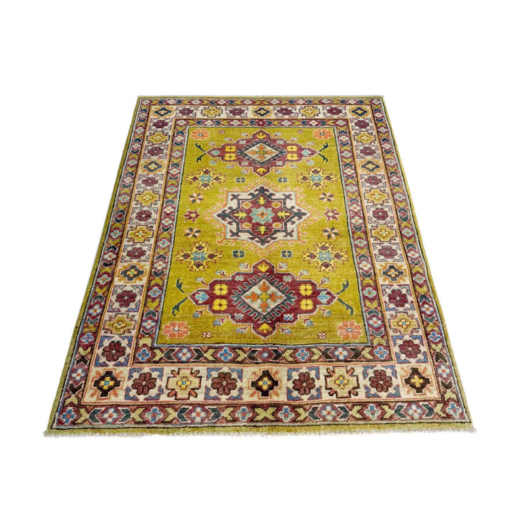 Yellow Afghan Kazak Rug 3' 5" x 4' 10" Hand-Knotted | No. AL13849