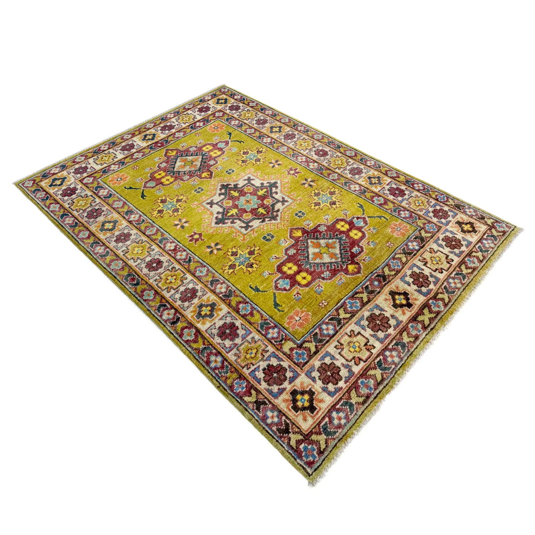 Yellow Afghan Kazak Rug 3' 5" x 4' 10" Hand-Knotted | No. AL13849