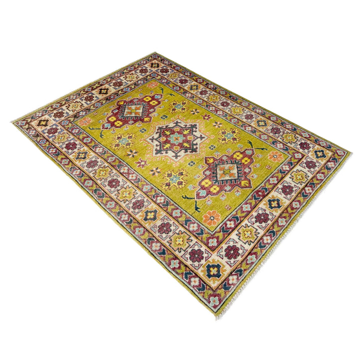 Yellow Afghan Kazak Rug 3' 5" x 4' 10" Hand-Knotted | No. AL13849