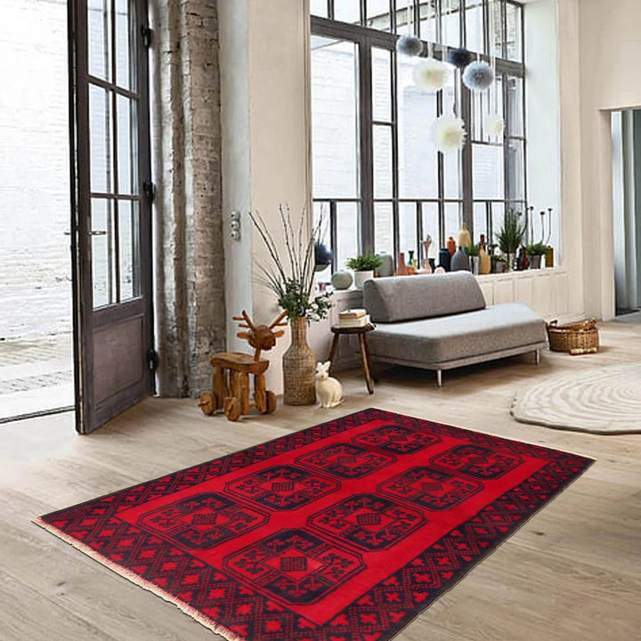 Red Afghan Baluchi Rug 3' 0" x 4' 6" Hand-Knotted | No. AL13893