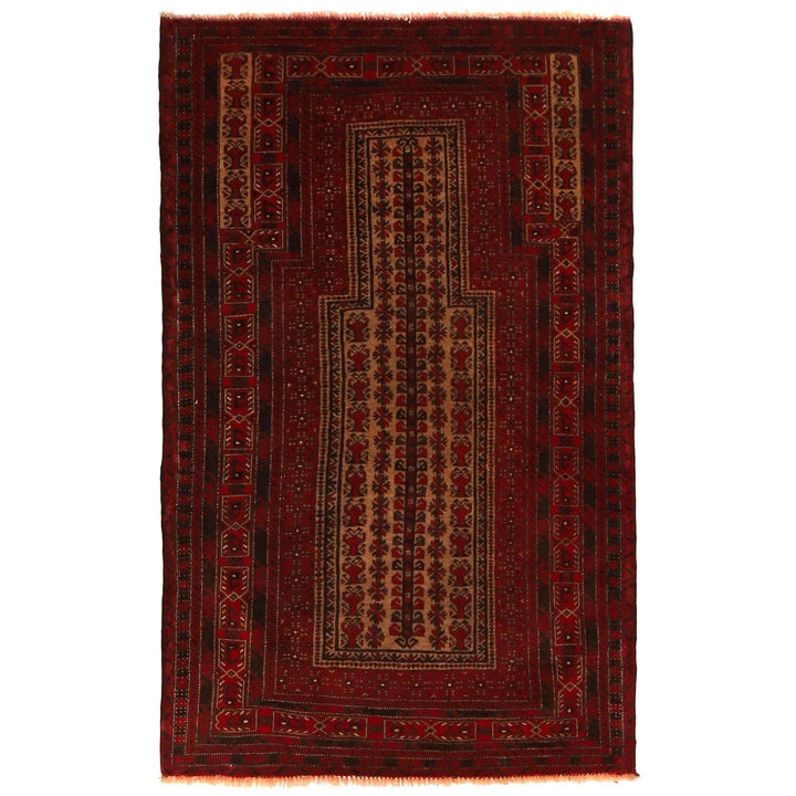 Red Afghan Islamic Prayer Rug 3' 2" x 5' 1" Hand-Knotted | No. AL13909