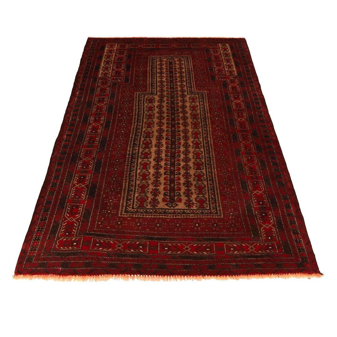 Red Afghan Islamic Prayer Rug 3' 2" x 5' 1" Hand-Knotted | No. AL13909