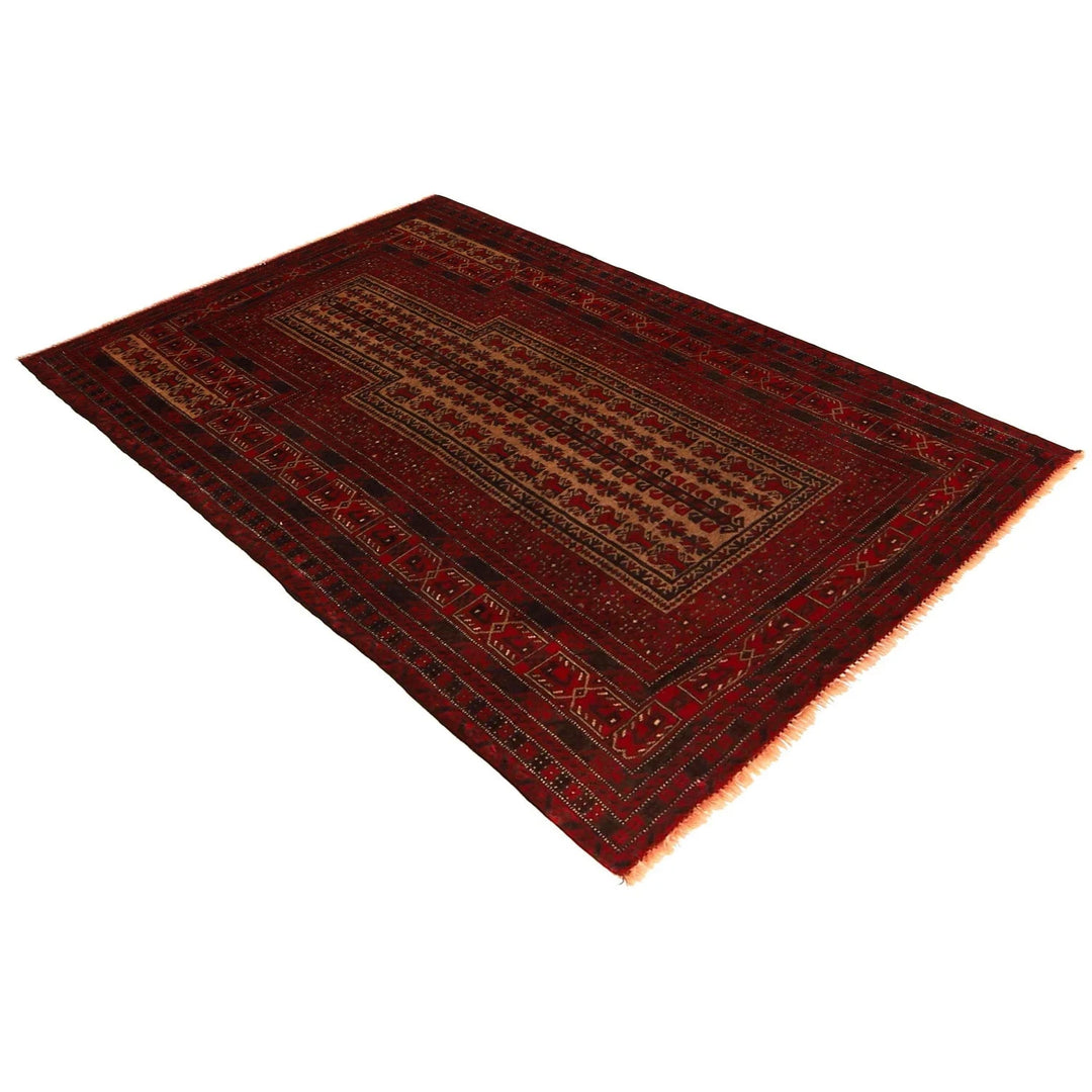 Red Afghan Islamic Prayer Rug 3' 2" x 5' 1" Hand-Knotted | No. AL13909