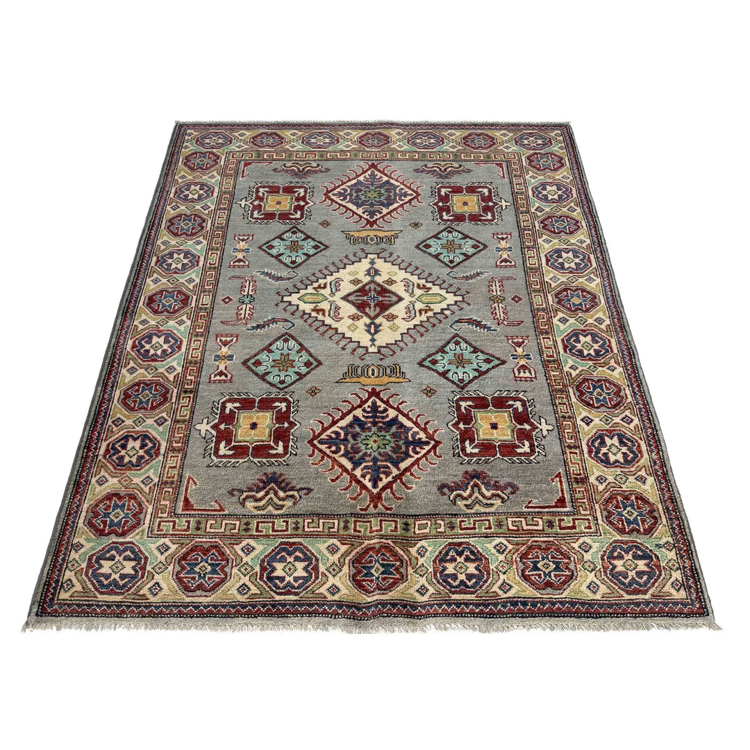 Gray Afghan Kazak Rug 4' 8" x 6' 5" Hand-Knotted | No. AL14035