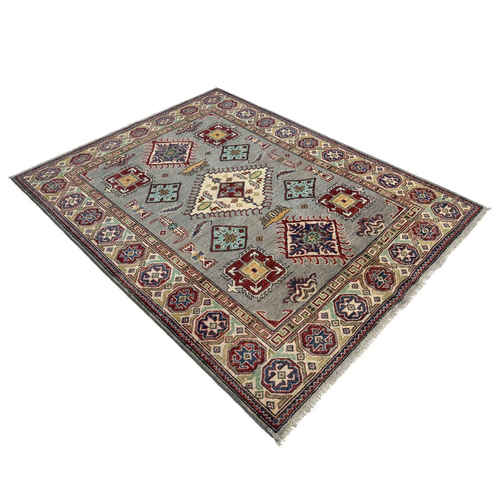 Gray Afghan Kazak Rug 4' 8" x 6' 5" Hand-Knotted | No. AL14035
