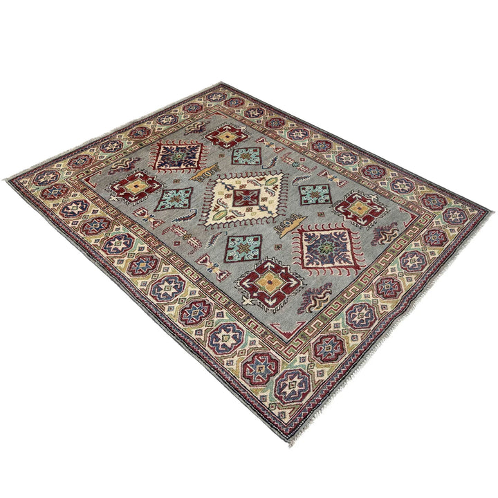 Gray Afghan Kazak Rug 4' 8" x 6' 5" Hand-Knotted | No. AL14035