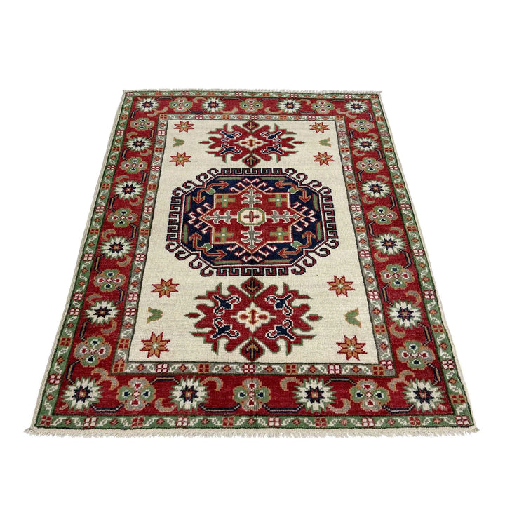 Beige Afghan Kazak Rug 2' 11" x 4' 1" Hand-Knotted | No. AL14061