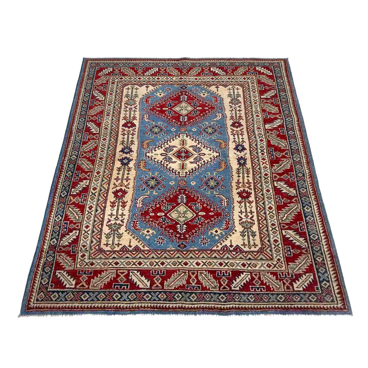 Blue Afghan Kazak Rug 5'1" x 6'7" Hand-Knotted | No. AL14193