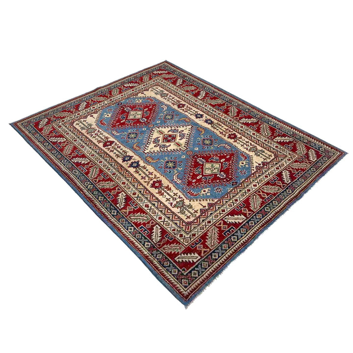 Blue Afghan Kazak Rug 5'1" x 6'7" Hand-Knotted | No. AL14193