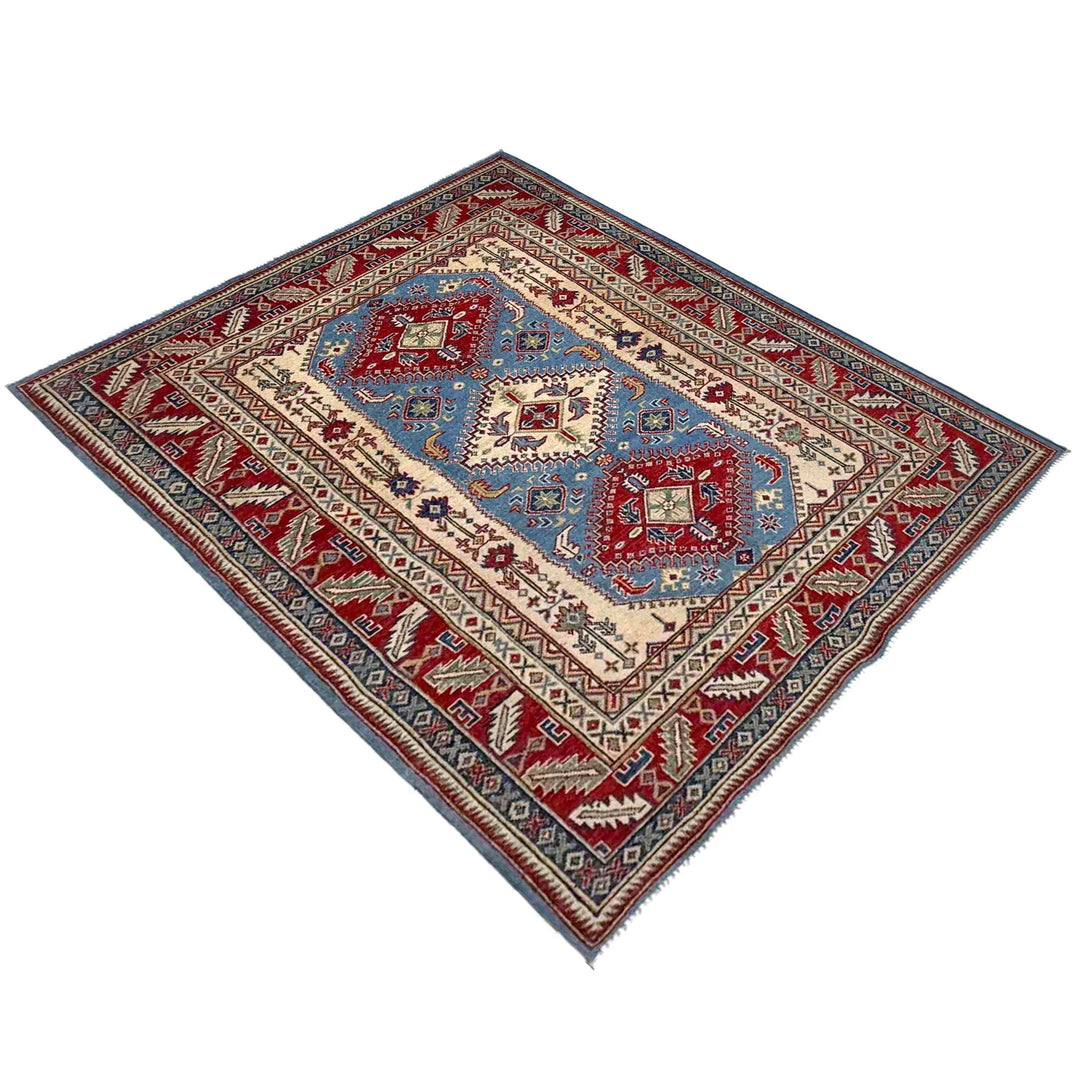 Blue Afghan Kazak Rug 5'1" x 6'7" Hand-Knotted | No. AL14193