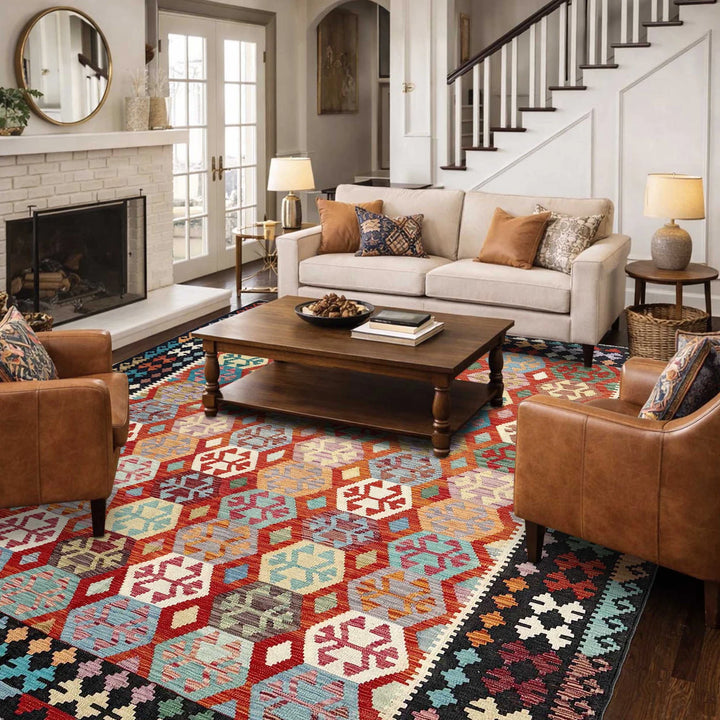 Afghan Vegetable Kilim Rug 8' 3" x 9' 8" Flat-Weave | No. AL14220