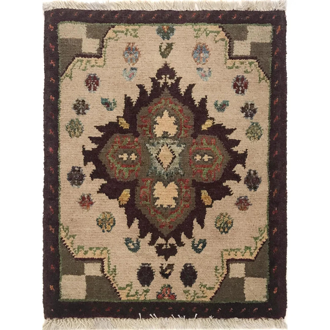 Ivory Afghan Doormat Rug 1' 6" x 1' 11" Hand-Knotted | No. AL14390