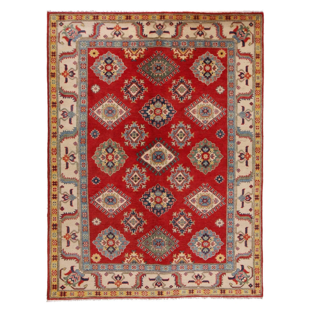Red Afghan Kazak Rug 4' 11" x 6' 7" Hand-Knotted | No. AL14392