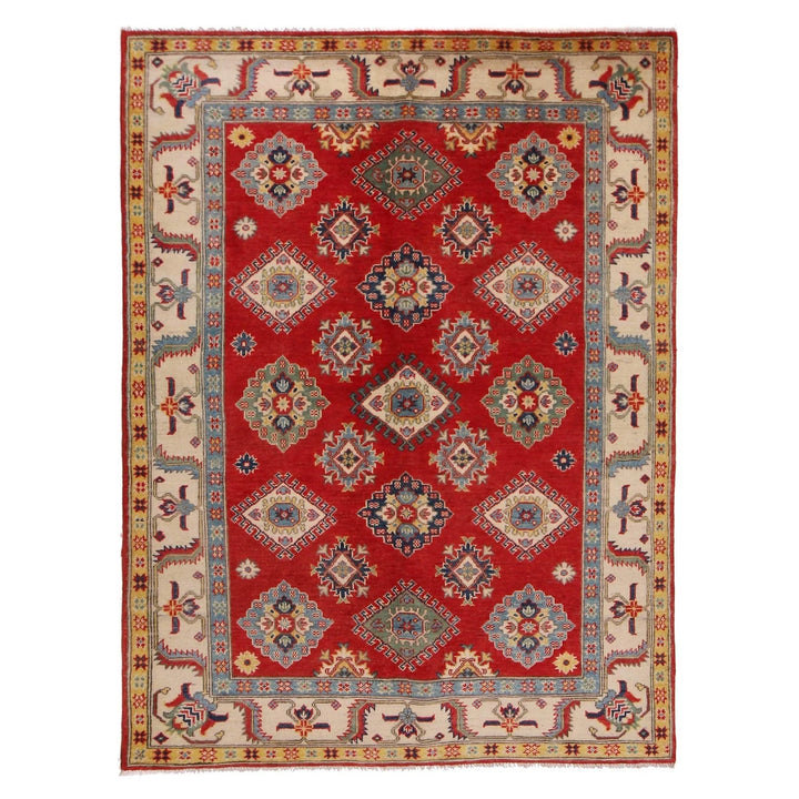 Red Afghan Kazak Rug 4' 11" x 6' 7" Hand-Knotted | No. AL14392