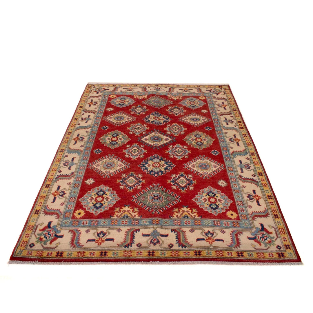 Red Afghan Kazak Rug 4' 11" x 6' 7" Hand-Knotted | No. AL14392