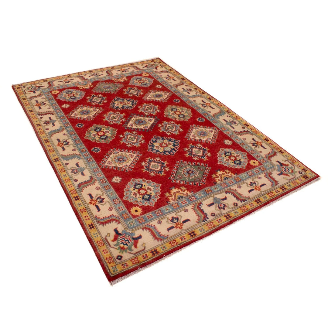 Red Afghan Kazak Rug 4' 11" x 6' 7" Hand-Knotted | No. AL14392
